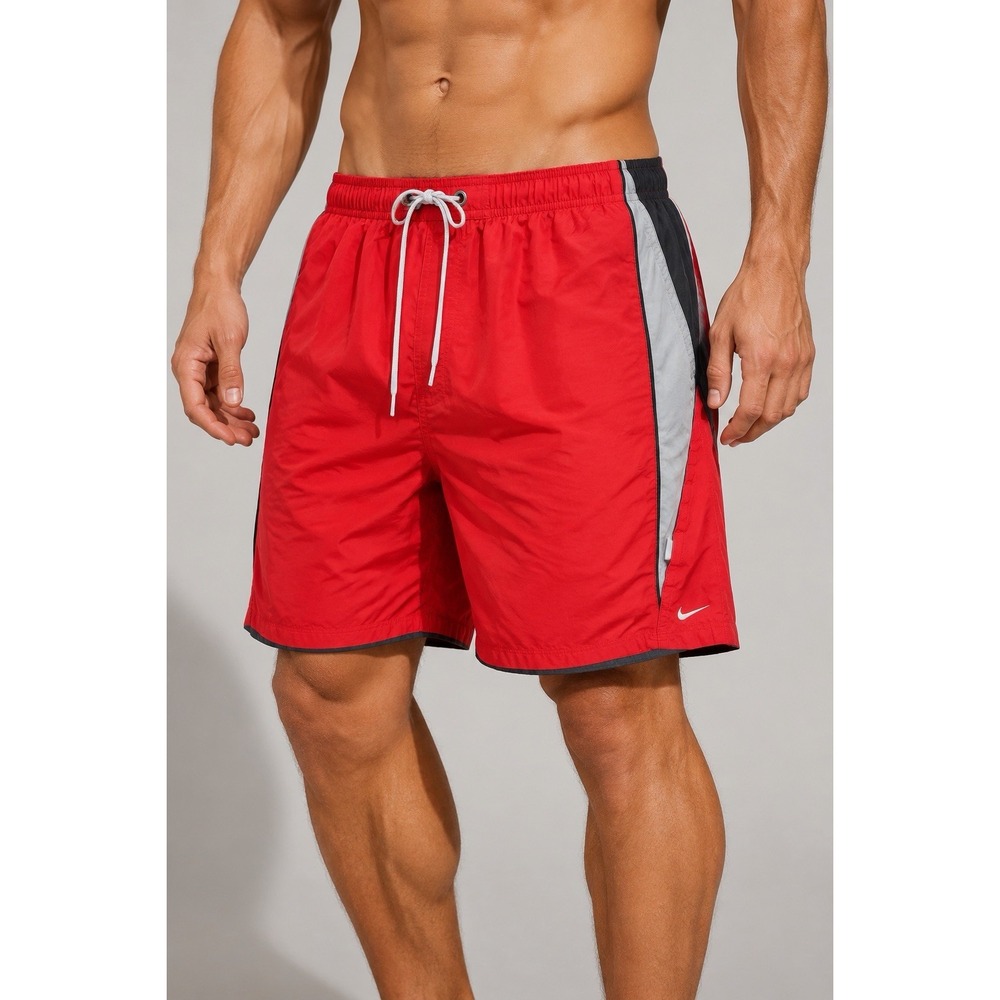 Nike Men's XL Swim Trunks Red Gray Black Colorblock 9 Inch Drawstring